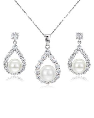 AW Bridal AW BRIDAL Bridal Necklace and Earrings Set Cubic Zirconia Pierced Bridal Earrings for Women Pearl Wedding Necklace Jewelry Set for Brides Bridesmaid (Silver) Silver