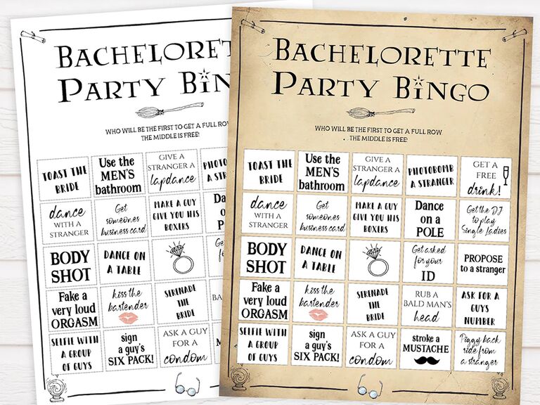 HP themed bachelorette bingo with dares like dance on a pole and photobomb a stranger