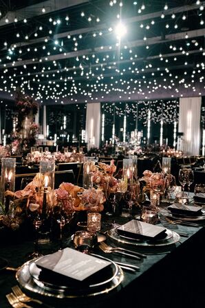 Dramatic, Modern Wedding Reception Decor With Candles and Twinkle Lights