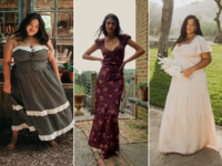 Collage of three cottagecore dresses to wear as a wedding guest or bridesmaid