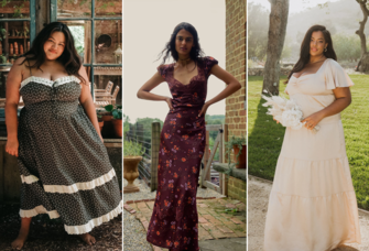 Collage of three cottagecore dresses to wear as a wedding guest or bridesmaid
