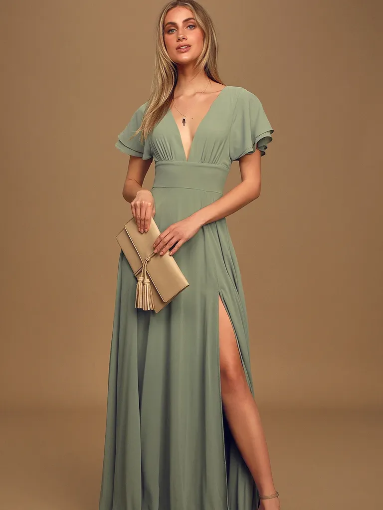 Sage Brush Flutter Sleeve Maxi Wedding Guest Dress