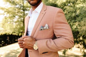 Terra-Cotta Suit Jacket, Gold Watch and Printed Pocket Square