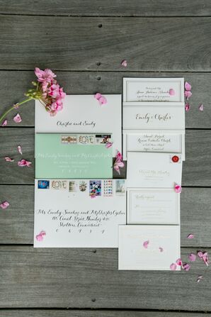 Invitation Suite with Gold Calligraphy and Mint Envelope