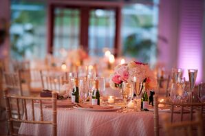 Reception Dinner Table with Mini Champagne Bottle Wedding Favors