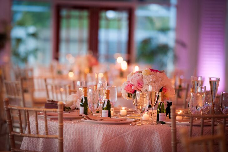 The bouquets and centerpieces contained pink peonies and roses with white hydrangeas in silver mercury vases.