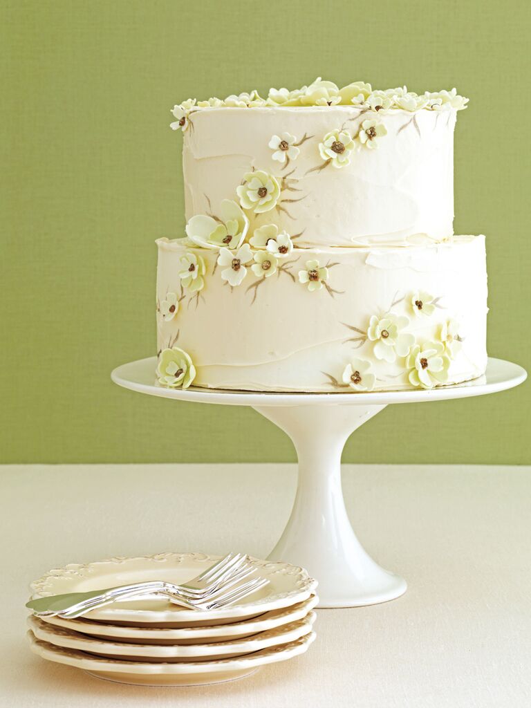 Pale green sugar flowers on white bridal shower cake