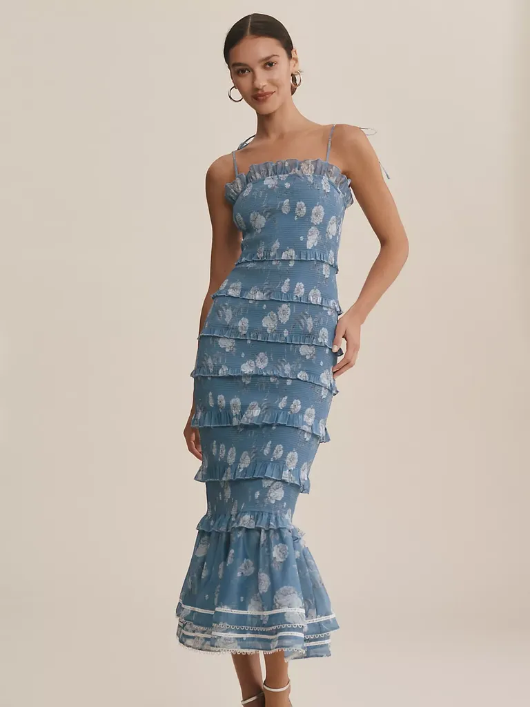 Blue Floral Ruched & Ruffled Flounce-Hem Stretch Midi Bridesmaid Dress