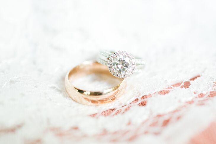 Matt proposed with a repurposed halo diamond that he had set on a plain band purchased at a local jewelry store. Matt found the diamond in South Carolina and had Jamie’s parents ship it to South Dakota so he could create the perfect custom ring.