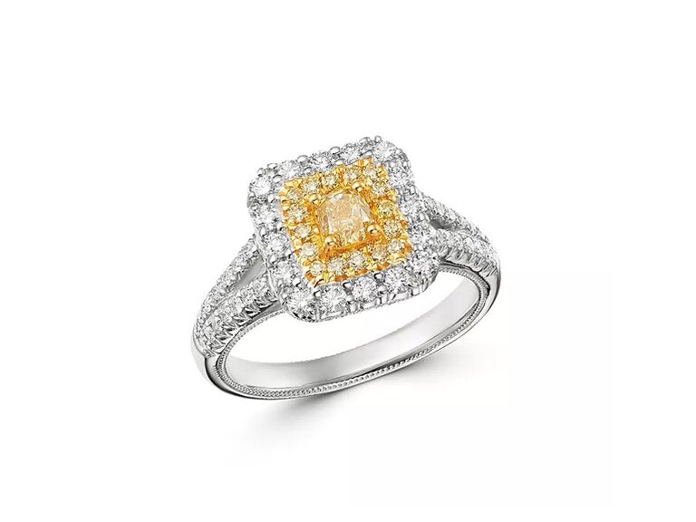 bloomingdale's cushion cut yellow diamond engagement ring with double halo first yellow diamond halo second white diamond halo diamond encrusted split sides and plain white gold band