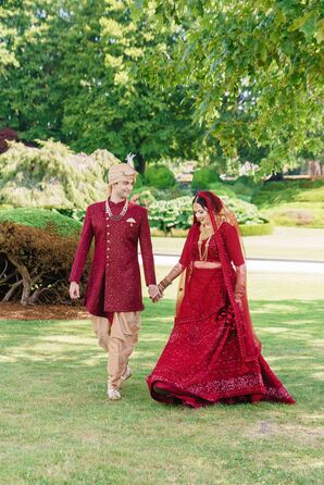 Bride in Lehenga and Groom in Sherwani at Hindu Wedding at Peace Arch International Park in Blaine, Washington
