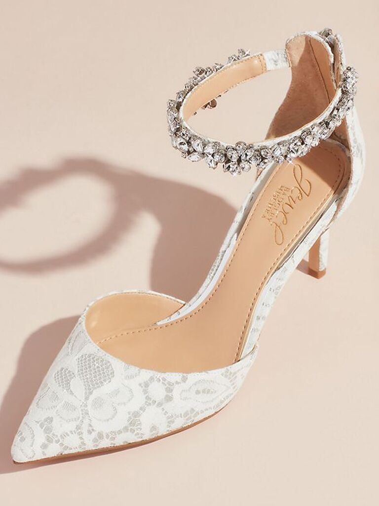 david's bridal badgley mischka white lace wedding heel with pointed toe and jeweled ankle strap