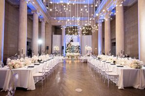 Reception Space in Art Museum, Long and Round Tables in White Under Light Installation