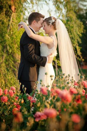 Bride and Groom in Poppy Field at Clark Gardens