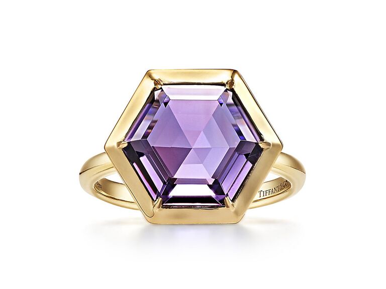 tiffany and co. amethyst engagement ring with hexagon shaped amethyst yellow gold metal halo and plain yellow gold band