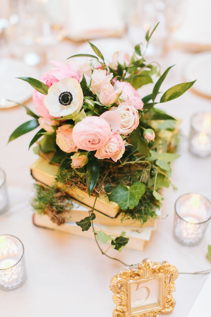 Vintage Book and Pink Ranunculus Centerpieces