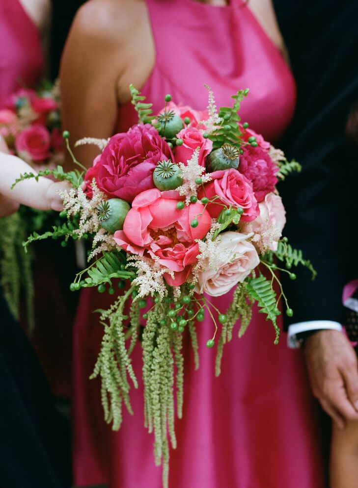 Fuchsia bouquets complemented the hot pink Monique Lhuillier bridesmaid dresses, found at Neiman Marcus.