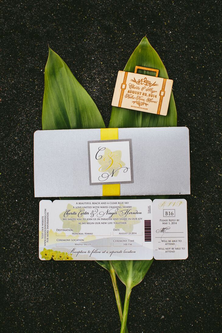 Since it was a destination wedding, we wanted to incorporate a travel theme," Charita says. The couple's 21 guests received mini-luggage save-the-date magnets as well as custom boarding pass invitations with an RSVP portion that detached – just like a real ticket!