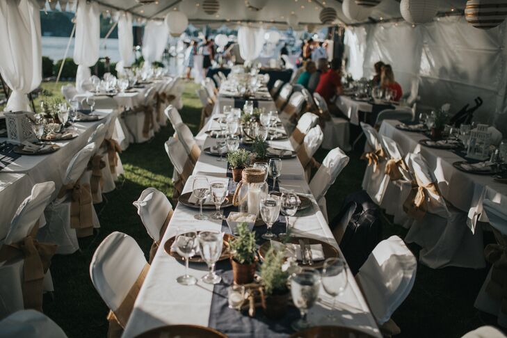 Dining tables were decorated in navy linens with navy pin-dot runners, nautical lanterns, driftwood (washed up on the shores of Lake Michigan), candles and minisucculents (also used as place cards and favors).