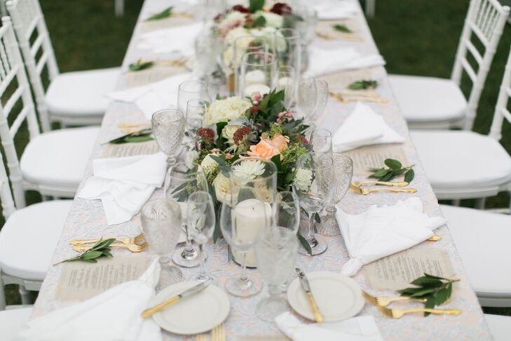 Rustic Farm Table Reception Seating with Gold Flatware