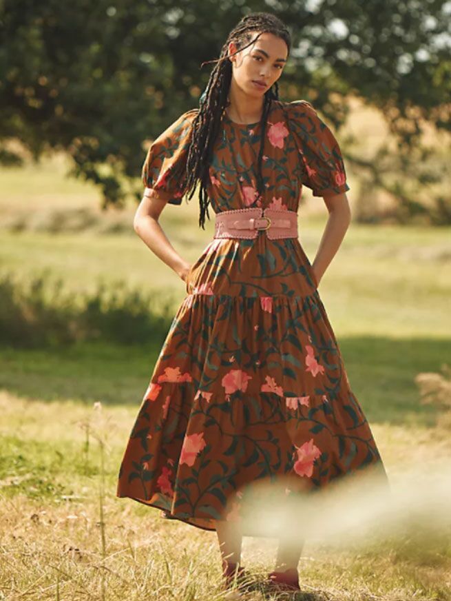 Brown midi dress with pink floral print and oversized puff sleeves with belted waist