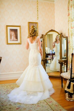 Bride Getting Ready in Lace, Mermaid-Fit Dress with Sheer Straps