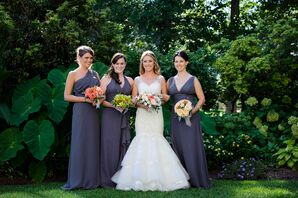 Long, Dark Gray Bridesmaid Dresses with Mismatched Bouquets