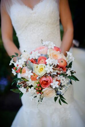 Red, Coral, and Ivory Ranunculus and Garden Rose Bouquet