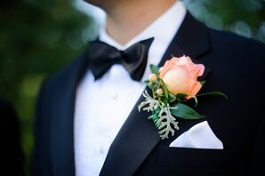 Coral Rose Boutonniere with Dusty Miller