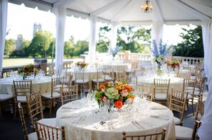 Tented Reception with Small Coral and Green Centerpieces