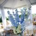 The wedding florist, Floribunda, designed three different arrangements with varying heights to decorate the reception tables. Some centerpieces incorporated coral ranunculus and lush greenery to match the bride's bouquet, while others featured white hydrangea with pops of blue delphinium in mint julep glasses.
