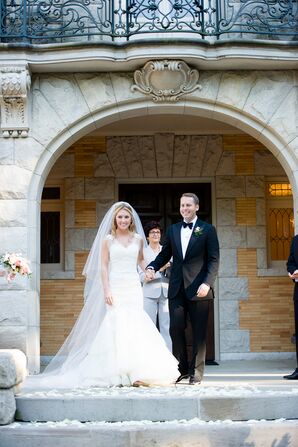 Classic Groom and Bride in Cathedral Veil at Cairnwood Estate Ceremony