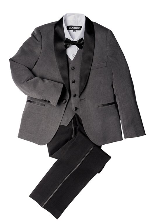 BLACKTIE "London" Kids Charcoal Tuxedo (5-Piece Set) Flower Girl Dress and Ring Bearer Outfit - 3