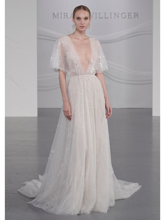 Mira Zwillinger beaded illusion A-line dress with flutter sleeves