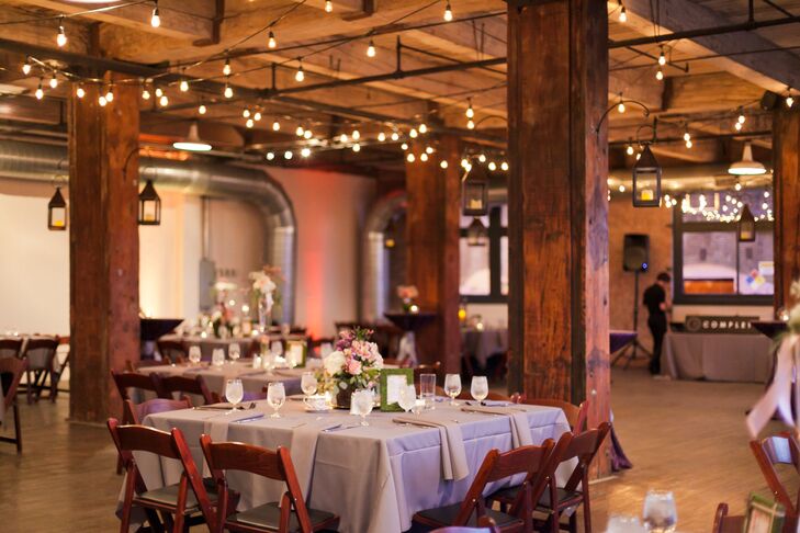 Pale gray linens and a variety of lanterns and pink and white centerpieces topped the tables at the reception. The overall look echoed our secret garden theme, and when I first walked into the room it truly took my breath away, says Kristen.