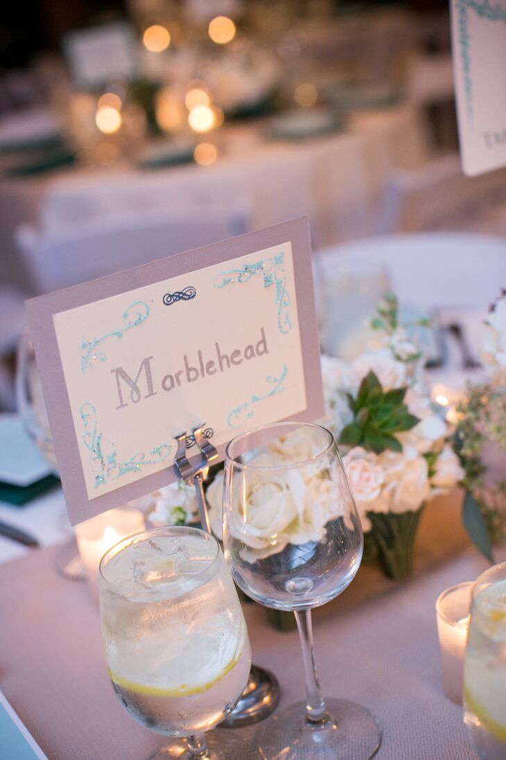 In addition to table numbers, Edith and Zachary named each of the tables after a place of special meaning to add a personalized element to the decor.
