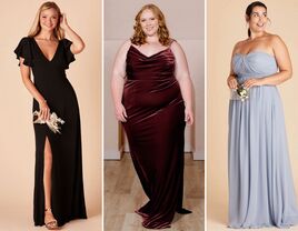 collage of three black-tie bridesmaid dresses