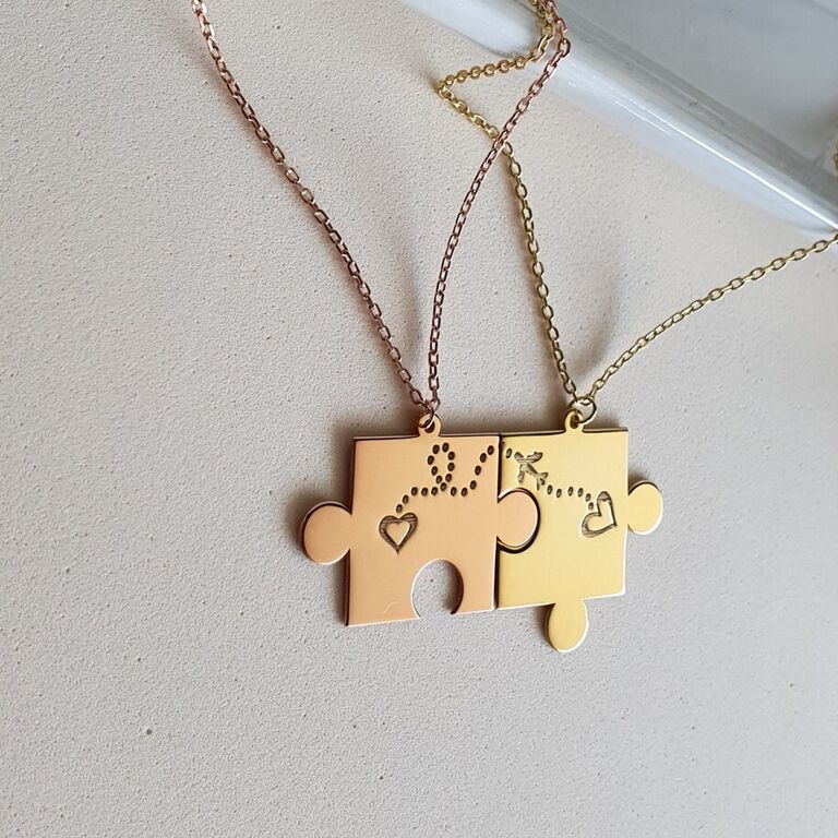 Matching puzzle piece couples necklaces
