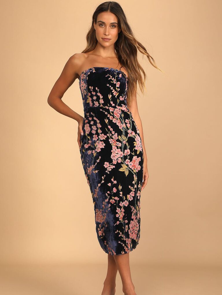 Navy floral print Velvet Strapless Midi Bridesmaid Dress