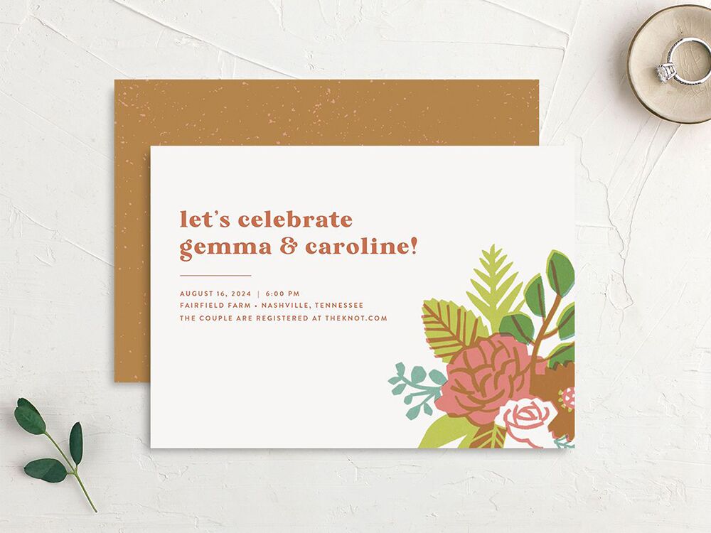 Invitation with autumn hues, brown text and a boquet design