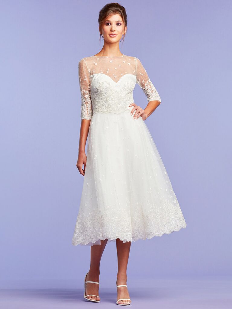 tadashi shoji white lace high neck wedding midi dress with lace mesh mid length sleeves allover lace and flowy tea length skirt