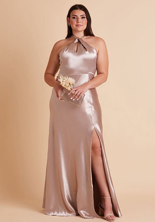 Birdy Grey Monica Shiny Satin Dress in Taupe Halter Bridesmaid Dress - 2