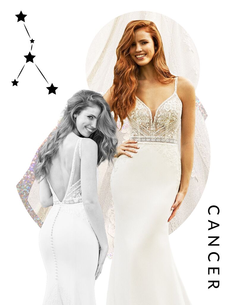 Lillian West style 66234 crepe fit and flare dress with cathedral train
