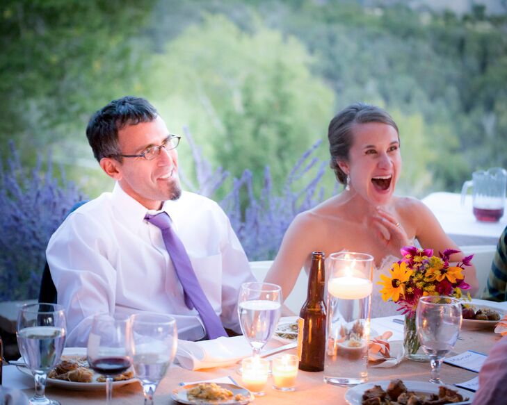 Loving the natural beauty of the reception, the couple kept their decor simple with floating candles, wildflower floral arrangements and burlap runners.
