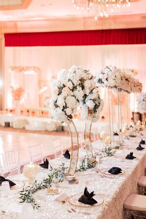 Ballroom Reception, Long Tables, Textured White Linens, Greenery Runner, Tall Centerpieces