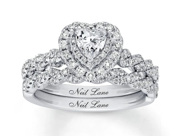 kay neil lane diamond heart shaped engagement and wedding ring set with heart shaped round diamond double halo and round diamond double twist band