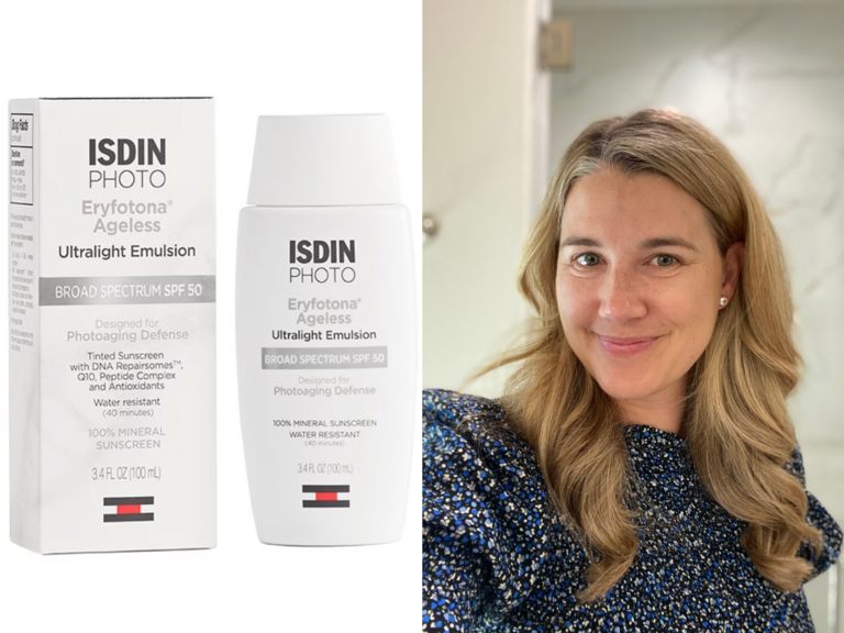 Collage of tinted sunscreen and Lauren