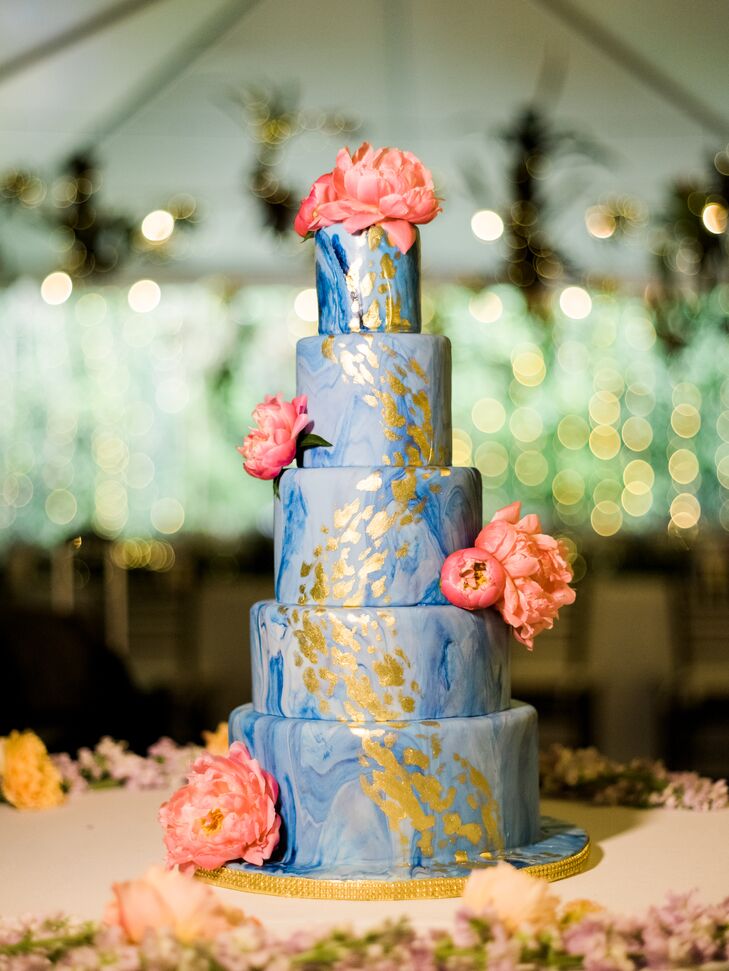 Blue and White Marble Fondant Cake with Gold Accents