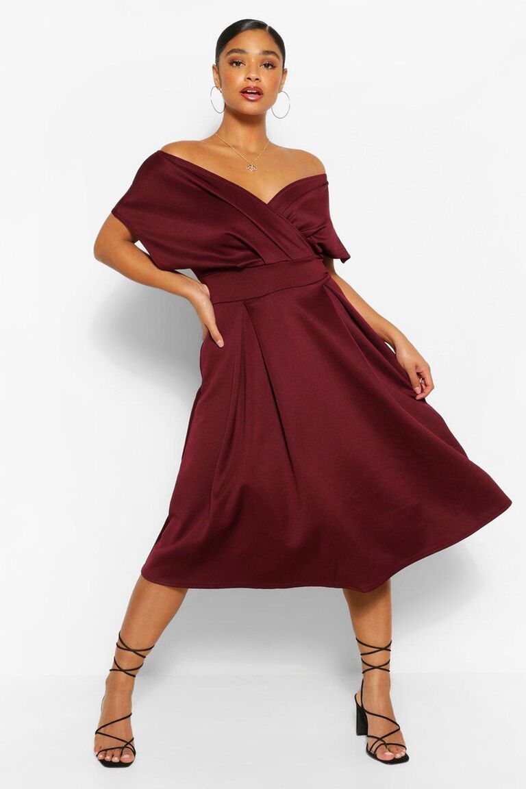 Boohoo plus-size off-the-shoulder wrap cocktail dress for wedding guest