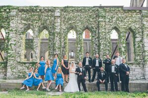 Blue Bridesmaid Dresses and Black Groomsmen Tuxedos